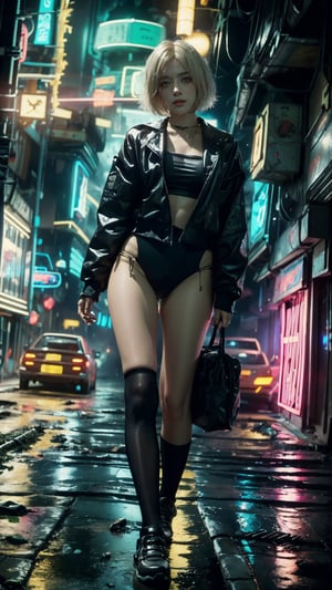 ((Best quality)), ((Masterpiece)), (Very detailed: 1.3), (Cyberpunk city), ((Rusty city)), ((Desolate landscape)), With bars and brothels Slum Streets and Women and Guests on a Rainy Night, Dashi, Movies, Blade Runner Inspired Songs, Syd Mead Inspired Songs, HDR (High Dynamic Range), Ray Tracing, NVIDIA RTX, Ultra High resolution, Unreal 5, subsurface scattering, PBR texturing, post processing, anisotropic filtering, depth of field, maximum sharpness sharpness, multi-layered textures, albedo and specular maps, surface shading, accurate light and material interaction simulation, perfect proportions, octane rendering, two-tone lighting, low ISO, white balance, rule of thirds, wide aperture, 8K raw, efficient sub-pixels, sub-pixel convolution, light scattering, Tyndall effect, dilapidation, dilapidation, decay , Cyberpunk, Human bones, Human bones, Photorealistic, ((Replicant woman)), 1 woman, detailed face, platinum blonde hair