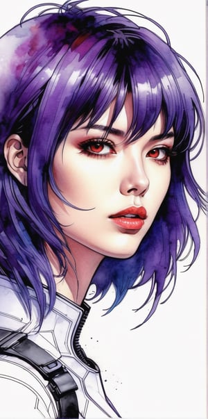 Pencil Sketch of a 27-year-old beautiful Japanese-French mix woman, ((Motoko Kusanagi)) cyborg sketch, Ghost in the Shell, purple bob cut, messy hair, attractive, Charles Miano & Shirow Masamune portrait, ink drawing, illustration Art, soft lighting, details, details Flowing rhythm, elegant, low contrast, adding soft blur with thin lines Lines, plump lips, ((red eyes)), black leather jacket, serious features, (color work,xxmixgirl)