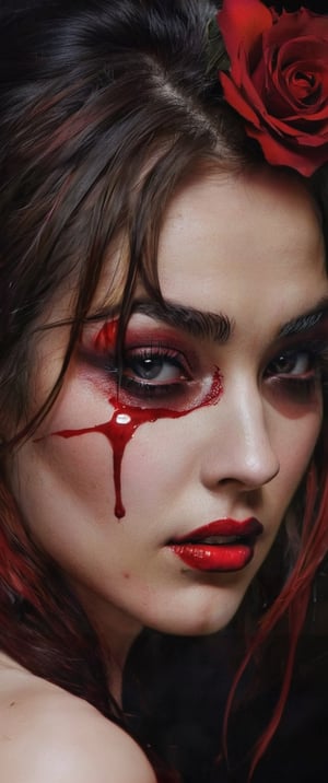 (masterpiece, top quality, absurd), ((dark persona)), ((woman)), ((vampire)), (dark background), solo, portrait, ((head tilted forward, looking down)) , (details of face), eyes closed, long black eyelashes, (beautiful blood-red rose with thorns: 1.2)), red blood, smelling the scent of roses, rose thorns piercing the skin, ((rose is placed behind the body)), (blood dripping from the mouth), fang, kubrick stare, tears of blood, ((blood flow)), gothic, morbid, (limited palette: 0.8), bloodstain, graphic background , more prisms, bright colors, crazy, glowing eyes, extra eyes, horror