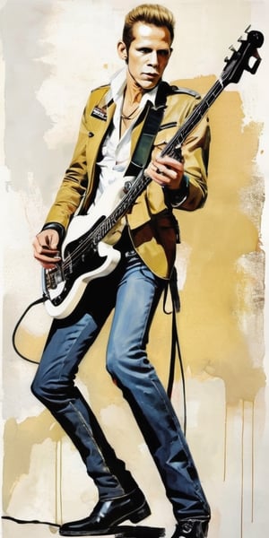 ((Portrait of Paul Simonon)), ((The Clash)), (((When he was with The Clash)), London Calling, Tommy gun, slender body, muted colors, ((((white fender) Precision-based)))), dynamic poses, digital painting, ((illustration depth) )), frontal images, unforgettable, highly complex works, drawing style by Milo Manara, drawing style, 2D