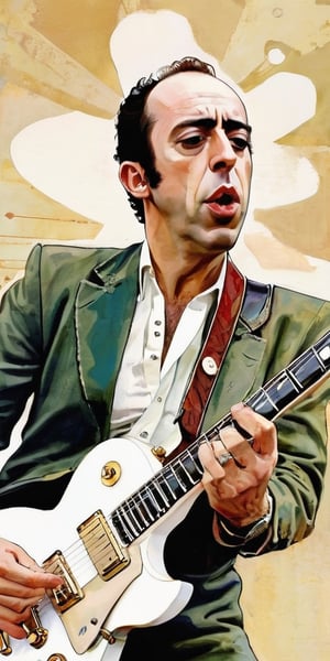 ((Portrait of Mick Jones)), ((The Clash)), London Calling, Tommy gun, slender body, muted colors, ((((white Les Paul)))), dynamic pose, digital pane ting, ((illustration depth) )), frontal image, unforgettable, very complex work, drawing style by Milo Manara, drawing style, 2D