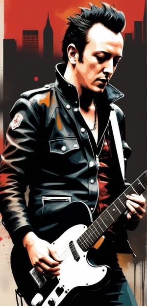 ((Portrait of Joe Strummer)), The Clash, The Mescaleros, london calling, slender body, seductive, muted colors, ((Strumming a battered black Telecaster)), Dynamic pose, Digital painting , ((Illustration Depth)), Fighting Pose, Frontal Image, Haunting, Very Intricate Work, Drawing Style by Milo Manara and Russ Mills, Drawing Style, 2D