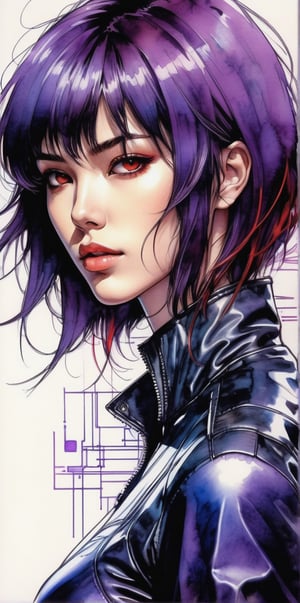 Pencil Sketch of a 27-year-old beautiful Japanese-French mix woman, Motoko Kusanagi cyborg sketch, Ghost in the Shell, purple bob cut, messy hair, attractive, Charles Miano & Shirow Masamune portrait, ink drawing, illustration Art, soft lighting, details, details Flowing rhythm, elegant, low contrast, adding soft blur with thin lines Lines, plump lips, ((red eyes)), black leather jacket, serious features, color work,xxmixgirl