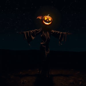 A darkened farm landscape under a starry night sky, a scarecrow stands tall in the center, its ragged form illuminated by the soft glow of a jack-o-lantern carved with a menacing pumpkin face. A bat flutters around the head of the scarecrow, adding to the eerie atmosphere as it casts long shadows across the parched earth.