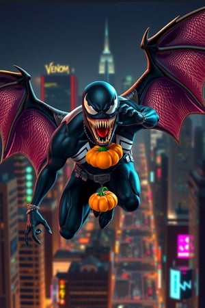 Venom, flying, bat wing, city cyberpunk at night, wearing pumpkin necklaces 