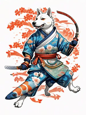 there is a dog with a fish and a sword on a white background, runner outfit, dog, anthropomorphic dog ninja,  koi armor, by Kanō Tan'yū, highly detailed and colored, in the art style of ukiyo - e, inspired by Utagawa Kuniyoshi