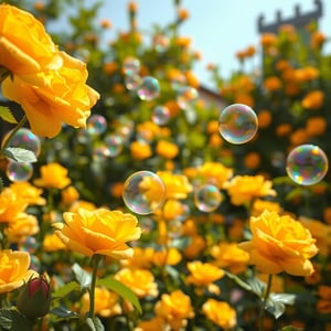 A whimsical scene unfolds in a picturesque golden rose garden, where delicate petals sway in the gentle breeze. Amidst the lush greenery, a cluster of colorful, translucent bubbles float upwards, their iridescent sheen catching the warm sunlight. In a playful twist, the characters are rendered in Pixar-style cartoon charm, with exaggerated features and vibrant hues that pop against the serene garden backdrop.