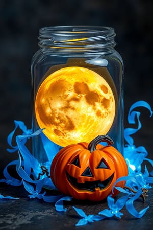 (Broken moon), in a glass jar, next to that glass jar is a Halloween pumpkin, surrounding the glass jar are blue magic miracles.