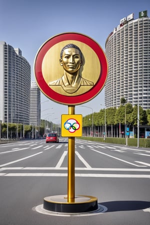 Traffic sign, giant, (Olympic medal:1.4), high quality, 8k, award winning photo, portrait