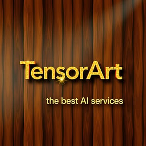 a logo has text "TensorArt" at the center, wooden material, golden text with shinny bling bling effect, add the text " the best AI services" at the bottom of image, cinematic design with complex art