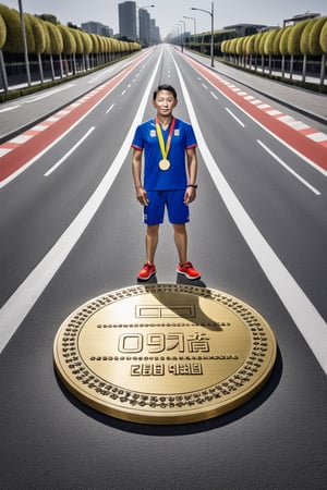 Traffic sign, giant, (Olympic medal:1.4), high quality, 8k, award winning photo, portrait