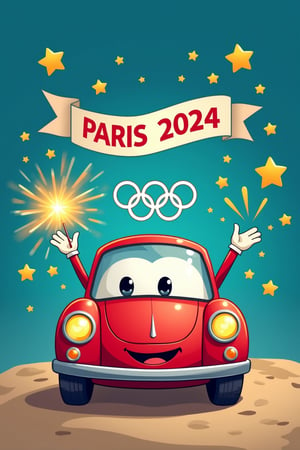 a cute car, doing magic, magic with OLYMPIC logo, "PARIS 2024" banner
