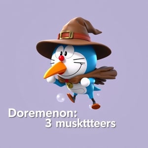 doraemon, wearing a cloak, wearing a wizard's hat, flying on a blind robot crow, 3d, pixar style, with text "Doremon:3 musketeers"