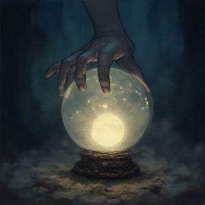 magic ball, witch's hand covering the ball, seeing the future, magical mist, studio Ghibli