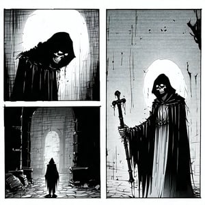 4 panels comic page, tell a story about grim ripper, really sad story, 2d, monochrome art