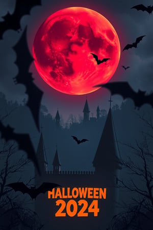 A hauntingly eerie scene unfolds: A colossal, crimson-hued moon hangs low in the darkness, casting an ominous glow on the foreboding walls of a spooky castle. The air is filled with the fluttering silhouettes of bats as they dance amidst the shadows. In the foreground, a movie poster for Halloween 2024 towers above the darkness, its bright colors and eerie design a stark contrast to the foreboding atmosphere.