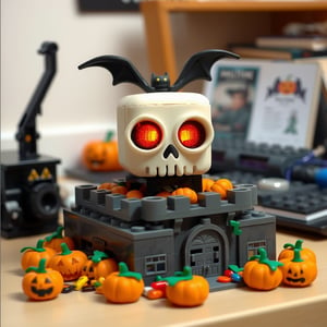 1 cube, skull shaped, bright eyes, bat wings, clay style, placed on top of a mini lego castle, on the desk, with many halloween pumpkins, filled with candy