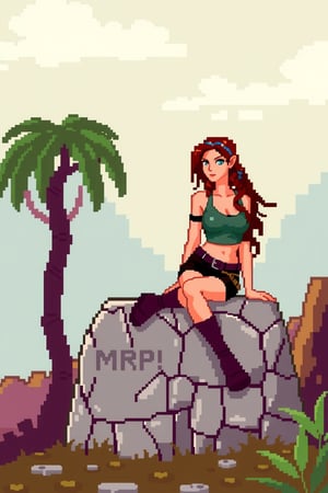 Lara Croft sitting on a tombstone, 8bit