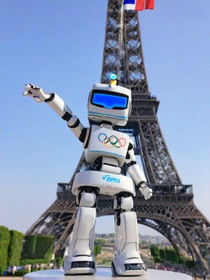 (CLOSE UP VIEW), sport wear, headband, A robot, waving a flag, Olympic logo, standing on top of the Eiffel Tower, look at viewer