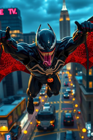 Venom, flying, bat wing, city cyberpunk at night, wearing pumpkin necklaces 