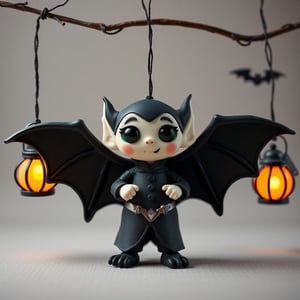 cute vampire, clay style, bat wings, hang lanterns