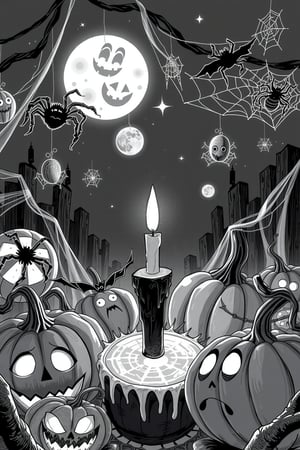 1 candle, surrounded by halloween pumpkins, spider webs everywhere, magic ball, strange things hanging, black and white Berserk Manga style