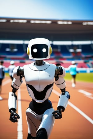 a robot, runner headband, stadium, finish line, realistic, high quality, best quality, standing, look at viewer, full clothes, runner outfit