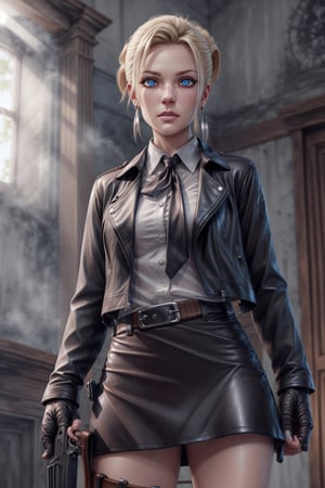 shirt,female_agent,mini_skirt,enemy_base,More Detail,earring,leather_glove,firearm,neck_tie,leather_jacket,belt,detailed_face,detailed_hair,,detailed_eyes,full_body,