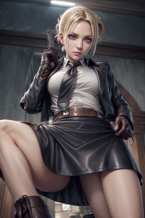 shirt,female_agent,mini_skirt,enemy_base,More Detail,earring,leather_glove,firearm,neck_tie,leather_jacket,belt,detailed_face,detailed_hair,,detailed_eyes,full_body,BOTTOM VIEW