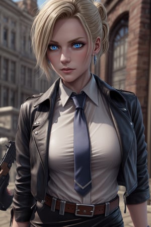 shirt,female_agent,mini_skirt,enemy_base,More Detail,earring,leather_glove,firearm,neck_tie,leather_jacket,belt,detailed_face,detailed_hair,blue_eyes,detailed_eyes