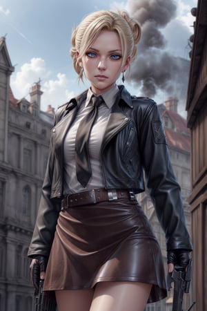 shirt,female_agent,mini_skirt,enemy_base,More Detail,earring,leather_glove,firearm,neck_tie,leather_jacket,belt,detailed_face,detailed_hair,,detailed_eyes,full_body,