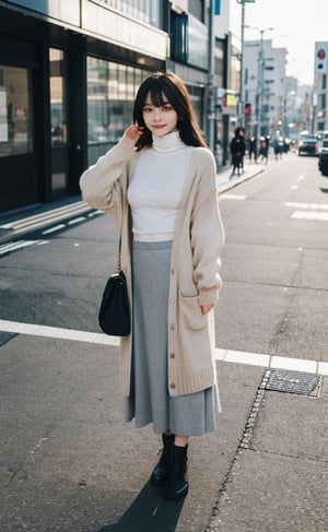 masterpiece, full body shot,

1 girl, 15 yo, Japanese, black hair, long hair, air bangs, small breast, beautiful face, beautiful eyes, happy,

white turtleneck sweater, long skirt and black, light brown cardigan, 

Shibuya street, morning, random pose,