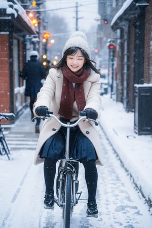 Schoolgirl riding a bike on a winter street. She is bundled up in warm winter attire, possibly wearing a school uniform with a coat, scarf, and gloves. The winter setting is characterized by the chilly air and perhaps falling snowflakes. The scene captures the energy of a schoolgirl commuting on a bicycle during the brisk winter months, combining the elements of daily life, seasonal attire, and transportation,japan