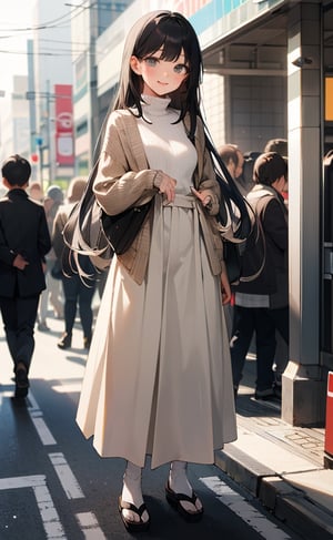 masterpiece, full body shot,

1 girl, 15 yo, Japanese, black hair, long hair, air bangs, small breast, beautiful face, beautiful eyes, happy,

white turtleneck sweater, long skirt and black, light brown cardigan, 

Shibuya street, morning, random pose,