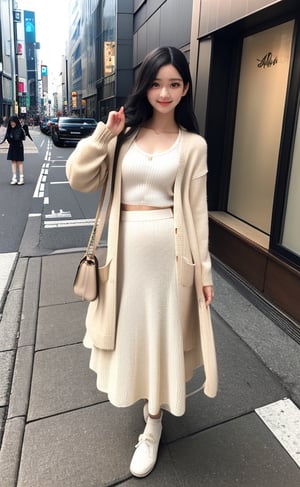 masterpiece, photography, full body shot,

1 girl, 15 yo, Japanese, tall, black hair, long hair, air bangs, small breast, skinny, happy, detail beautiful face,

white sweater, cream color long skirt, brown cardigan, black handbag,

Shibuya street, morning, (random pose: 1.2), 