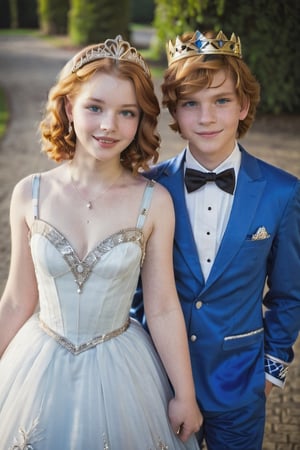 instagram photo, closeup face photo of 16 y.o Chloe, cleavage, pale skin, (smile:0.4), hard shadows, blue eyes, Redhead,  neckline, teen body, adolescent, teen, 13  years old, princes design dress, golden crown, with a 13 y.o boy 
Holding hand , together,WEARING HAUTE_COUTURE DESIGNER DRESS