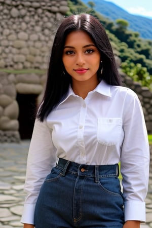 creates a real 21-year-old girl, 1.70 tall, Brazilian Latina, light eyes, black straight hair, wearing a blue colour jeans and white shirt  , looking deeply into the camera, riding a black unicorn and this one in the citadel of Machu Picchu