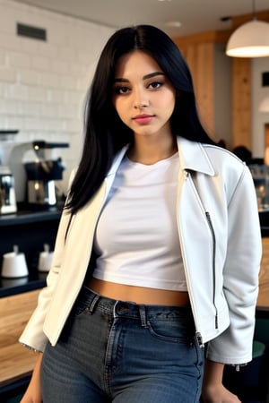 creates a real 21-year-old girl, 1.70 tall, Brazilian Latina, light eyes, black straight hair, wearing a blue colour jeans and white t-shirt and  black leather jacket, looking deeply into the camera, in and coffee shop,