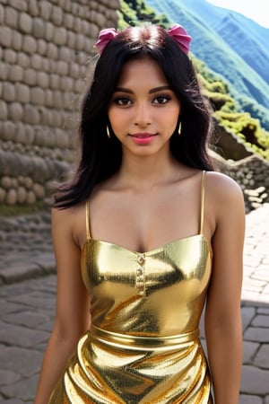 creates a real 21-year-old girl, 1.70 tall, Brazilian Latina, light eyes, black straight hair, wearing a gold-colored dress, looking deeply into the camera, riding a black unicorn and this one in the citadel of Machu Picchu