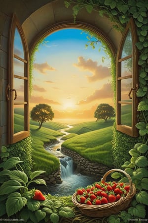 surrealism, style Vladimir Kush, An open window overgrown with grass, a view from the window to the sunrise, to a clearing, to a stream, strawberries flow from a basket into a stream,trending on artstation, sharp focus, studio photo, intricate details, highly detailed, Vladimir Kush, Jacek Yerka and Vladimir Kush, Alexander Kucharsky, surrealist art