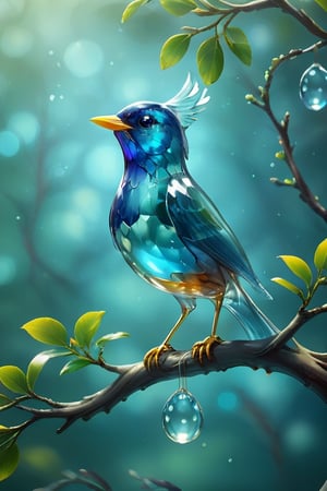 Elegant glass bird perched on a branch,  depth of field
