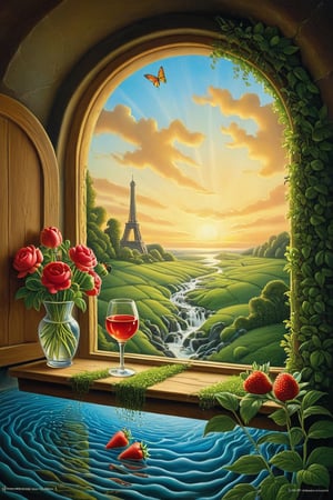 surrealism, style Vladimir Kush, An open window overgrown with grass, On the window there is a vase of flowers, roses, peonies, irises, Near the vase there is a glass of martini and a girl is sitting in it, Dita von Teese, a view from the window of the sunrise, of a clearing, of stream, strawberries flowing from a basket into a stream, art station trend, sharp focus, studio photo, intricate details, high detail, Vladimir Kusz, Rob Gonsalves, Jacek Yerka and Vladimir Kusz, Alexander Kucharsky, surreal art,oil paint 