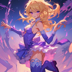 Ballerina, blonde hair, dancing, purple dress, purple shoes, purple color scheme, elegant, anime cinematic masterpiece, highly detailed shot, dynamic lighting