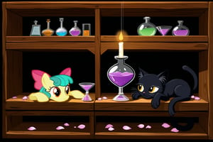 A potion of fragrant bloom resting on a wooden shelf in a dark apothecary, lavender vapor swirling around, soft petals and glass reflecting flickering candlelight . A black cat watches as dreams float and disappear in the background