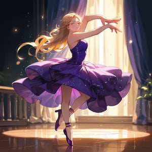 score_10, score_9, score_8_up, score_7_up, Ballerina, blonde hair, dancing, purple dress, purple shoes, purple color scheme, elegant, anime cinematic masterpiece, highly detailed shot, dynamic lighting