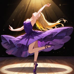 Ballerina, blonde hair, dancing, purple dress, purple shoes, purple color scheme, elegant, anime cinematic masterpiece, highly detailed shot, dynamic lighting