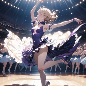 Ballerina, blonde hair, dancing, purple dress, purple shoes, purple color scheme, elegant, anime cinematic masterpiece, highly detailed shot, dynamic lighting
