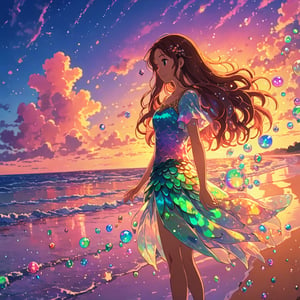 score_9, score_8_up, score_7_up, 1mermaid, seashell blouse, brown wavy hair, intricate beach shore, sunset, colorful bubbles floating around, cinematic masterpiece, highly detailed shot, dynamic lighting,Iridescent opal style, anime_screencap, makoto_shinkai_style