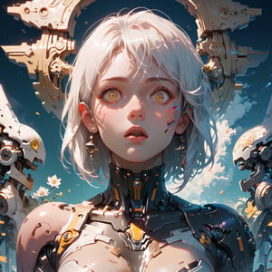 score_9, score_8_up, score_7_up, Detailed closeup, portrait style, womans face, cyborg, white hair, yellow eyes, surprised, headgear, dystopia, anime cinematic masterpiece, soft