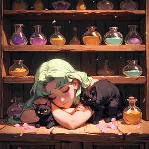 score_9, score_8_up, score_7_up, A potion of fragrant bloom resting on a wooden shelf in a dark apothecary, lavender vapor swirling around, soft petals and glass reflecting flickering candlelight . A black cat watches as dreams float and disappear in the background